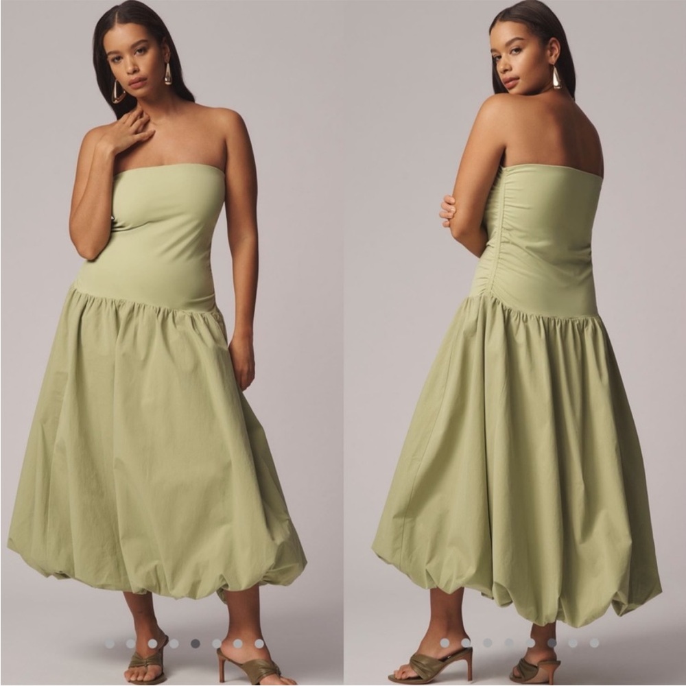 Anthropologie Mare Mare Strapless Drop Waist Bubble Midi Dress Green Large NEW